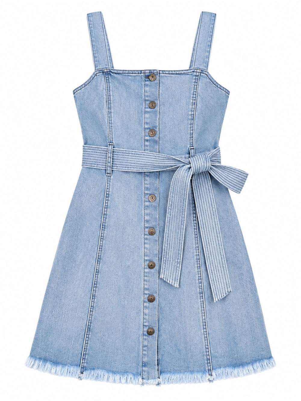 Rewash Light Blue Denim Button-Front Tie-Waist Mini Dress